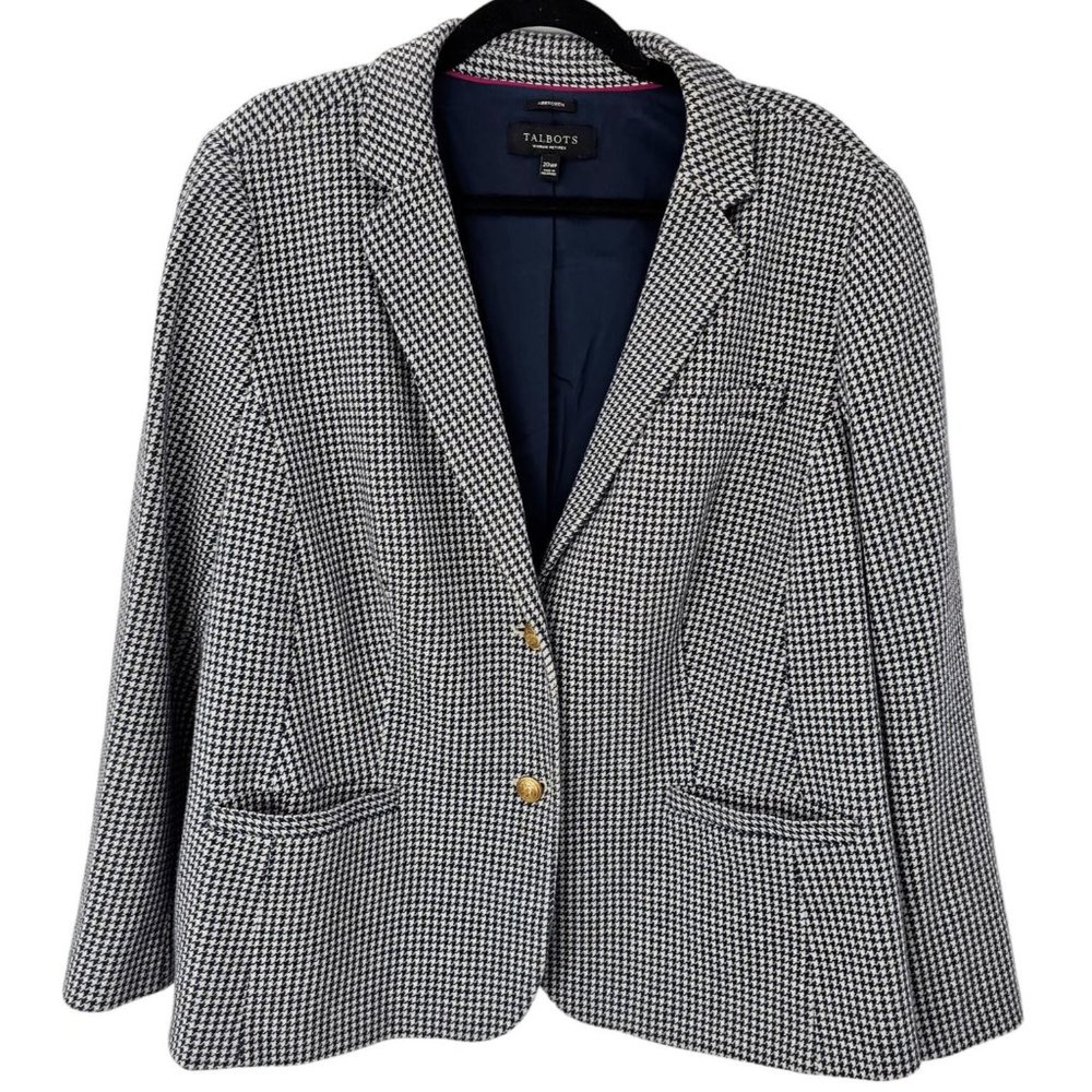 Talbots Houndstooth Blazer Jacket Women's 20W Petites Aberdeen Navy Blue Work - Picture 2 of 12